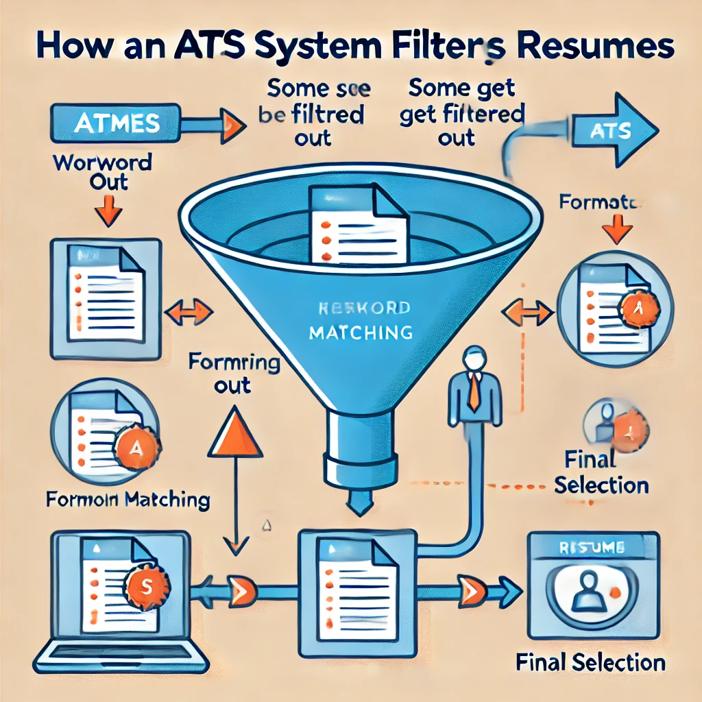 ATS 시스템 필터링 과정 인포그래픽. 이력서가 ATS에 입력되면 키워드 매칭&amp;#44; 형식 체크 등의 필터링을 거쳐 일부 이력서가 탈락하고 최종 선발 과정까지 도달하는 모습을 나타냄.