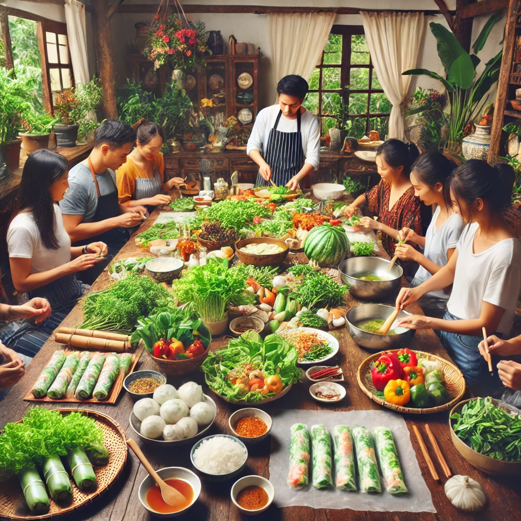 베트남 전통 음식을 배우는 쿠킹 클래스 현장, 신선한 재료가 가득한 테이블
