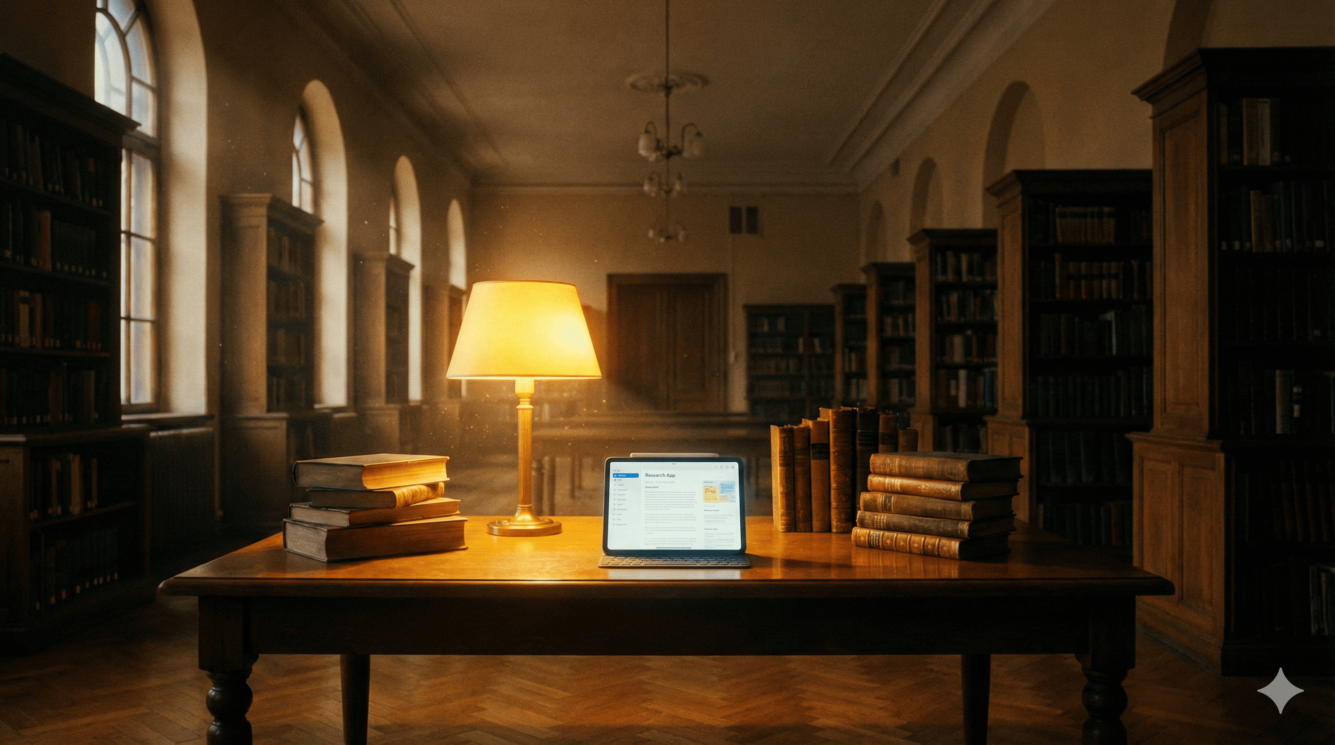고요한 도서관의 저녁, 방대한 지식 속에서 나만의 길을 찾는 사색의 순간입니다. 노트북LM과 함께하는 리서치의 시작을 표현