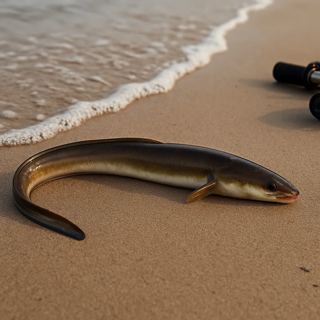 갯벌 모래 위에 놓인 붕장어 한 마리