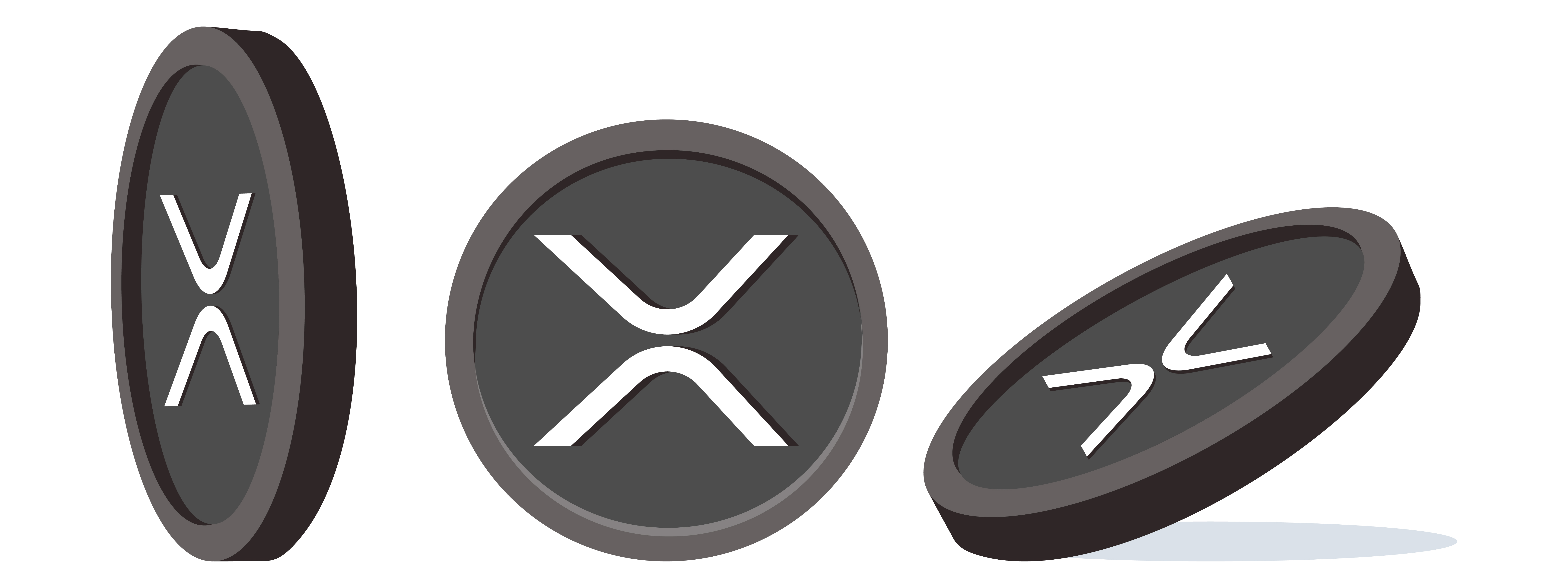 XRP 로고가 새겨진 회색 코인 3개를 다양한 각도로 표현한 3D 그래픽