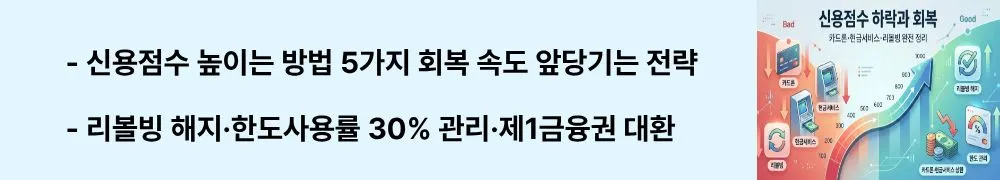 '신용점수 높이는 방법 5가지 회복 속도 앞당기는 전략'이라는 문구가 포함된 웹배너 이미지. 이 이미지는 리볼빙 해지·카드 한도 사용률 관리·제1금융권 대환 등 신용점수 회복 실전 방법 5가지를 시각적으로 전달하며, 블로그의 신용점수 높이는 방법 실전 전략과 관련된 내용을 설명함