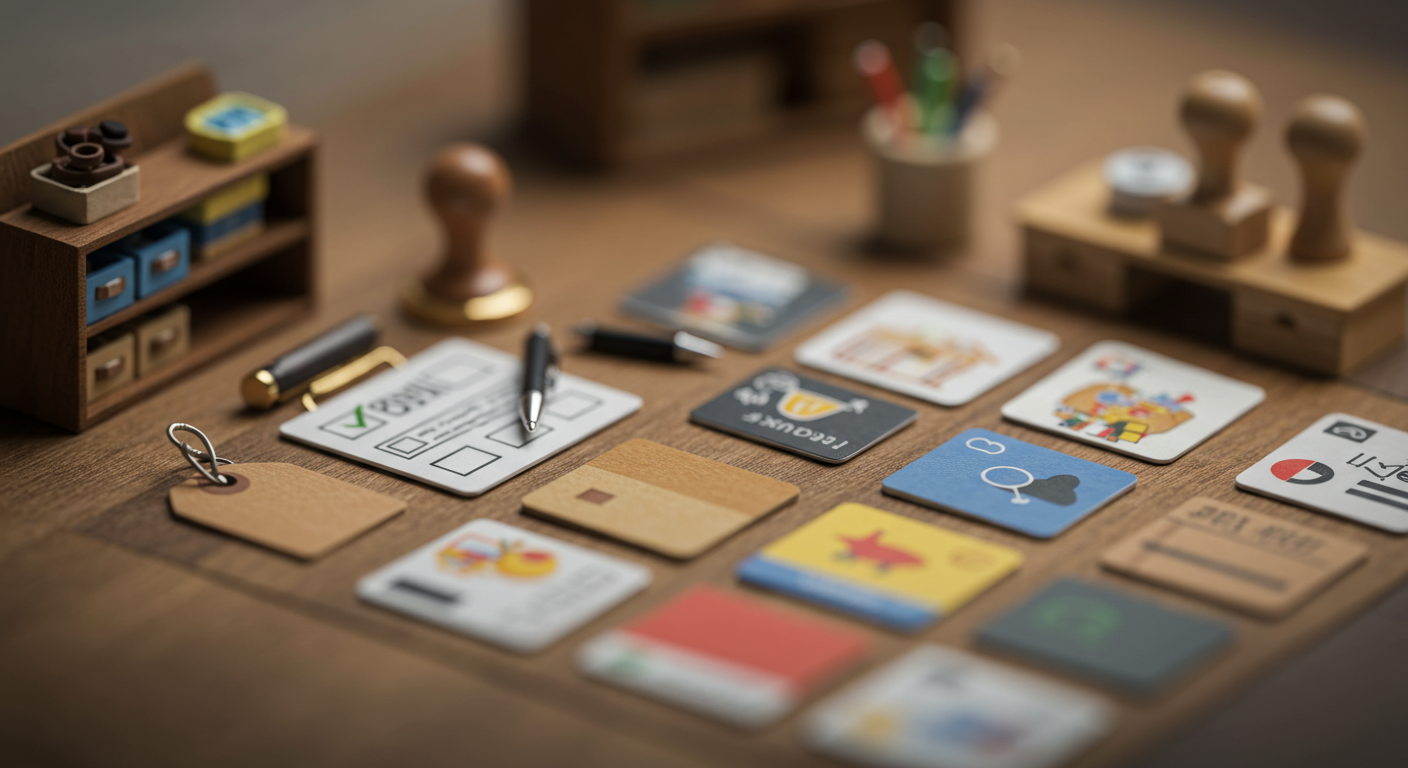 작은 태그 스티커, 체크리스트, 미니 썸네일 카드를 틸트쉬프트로 촬영한 아이콘 느낌 이미지