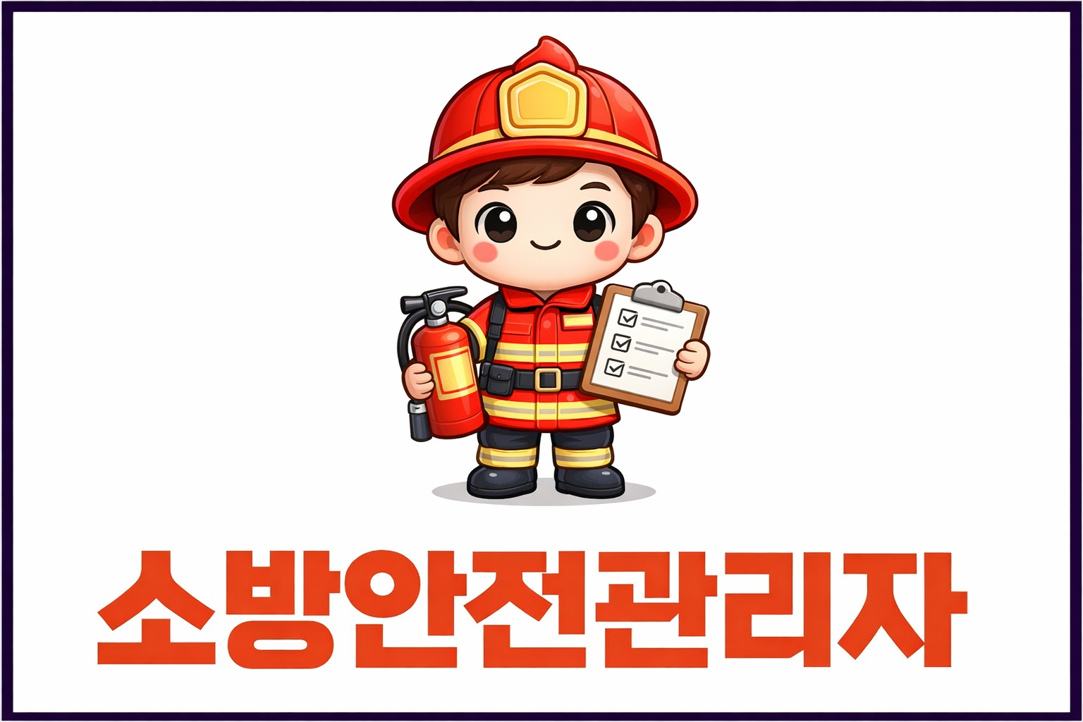 이미지 출처: AI 생성 이미지(콘텐츠 이해를 돕기 위한 시각 자료, 실제 인물을 특정하지 않은 AI 생성 이미지)
소방안전관리자 자격증을 상징하는 귀여운 캐릭터 일러스트. 소방복을 착용한 캐릭터가 소화기와 체크리스트 clipboard를 들고 있어 소방안전 점검과 화재 예방 업무를 표현한 이미지.”