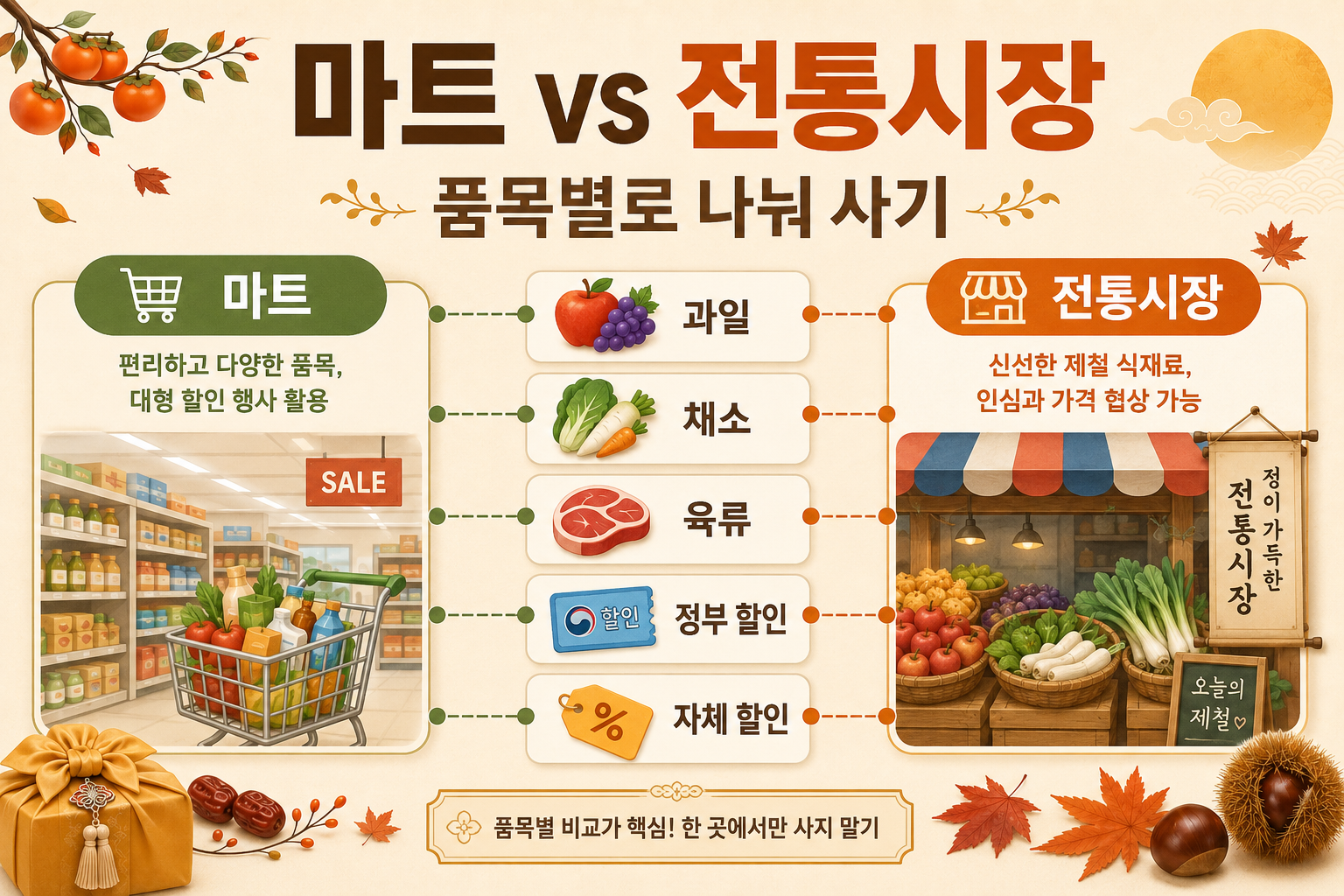 2026 추석 장보기 마트와 전통시장의 가격과 할인 혜택을 품목별로 비교하는 이미지