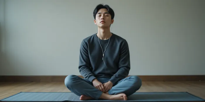 매트 위에 앉아 명상음악 듣는 남자