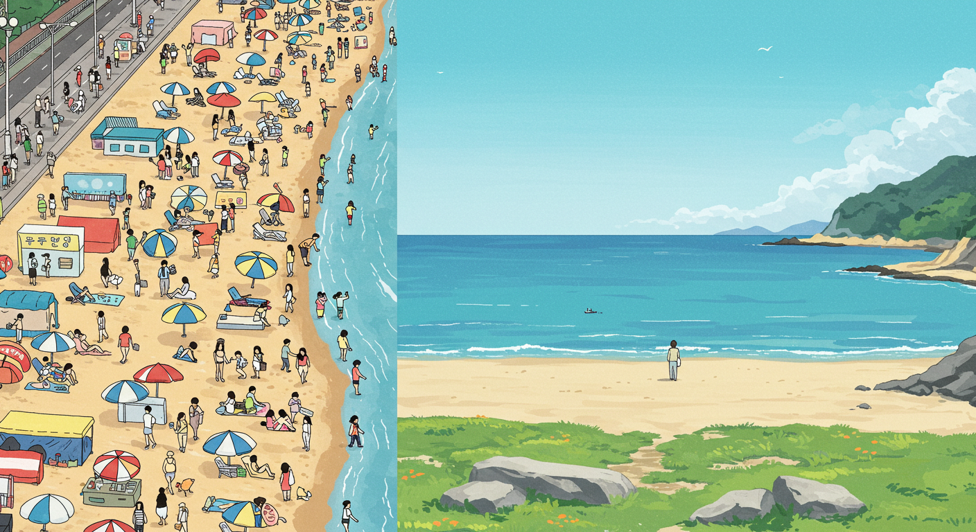 복잡한 해변과 조용한 포토존의 대비 장면