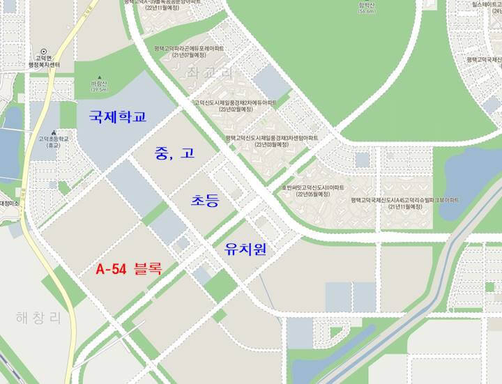 A54 블록 지도, A54 블록 및 초, 중, 고, 유치원, 국제도시 표시