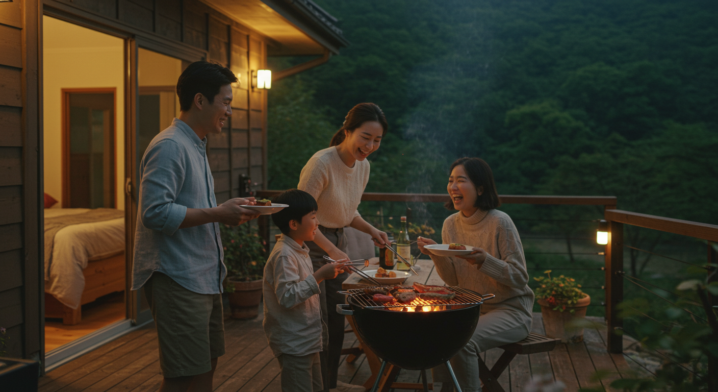 강원도 펜션의 프라이빗 테라스에서 바비큐를 즐기는 한국인 가족.