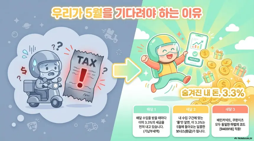배달라이더 수입별 종합소득세: 배달라이더가 세금 고지서를 보고 걱정하는 모습에서 환급금을 받고 기뻐하는 모습으로 변화하는 일러스트. 배달 수입을 받을 때마다 이미 3.3%의 세금을 먼저 내고 있으며 내 수입 구간에 맞는 경비율을 알면 이 3.3%는 5월에 돌아오는 달콤한 보너스 환급이 된다는 내용을 설명하는 배달라이더 종합소득세 안내 이미지