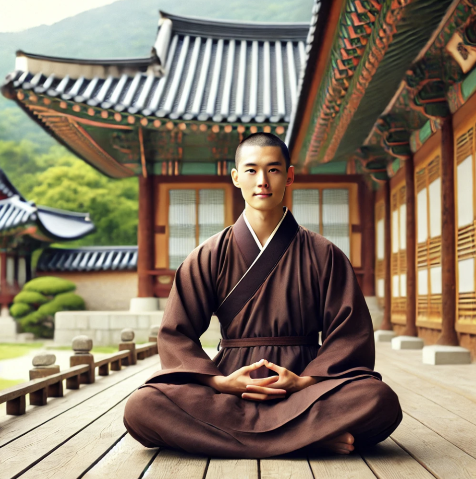 사찰에서 명상하는 승려