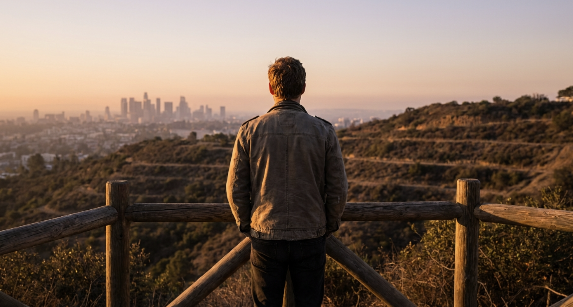 언덕 위에서 서울의 일출을 바라보는 뒷모습