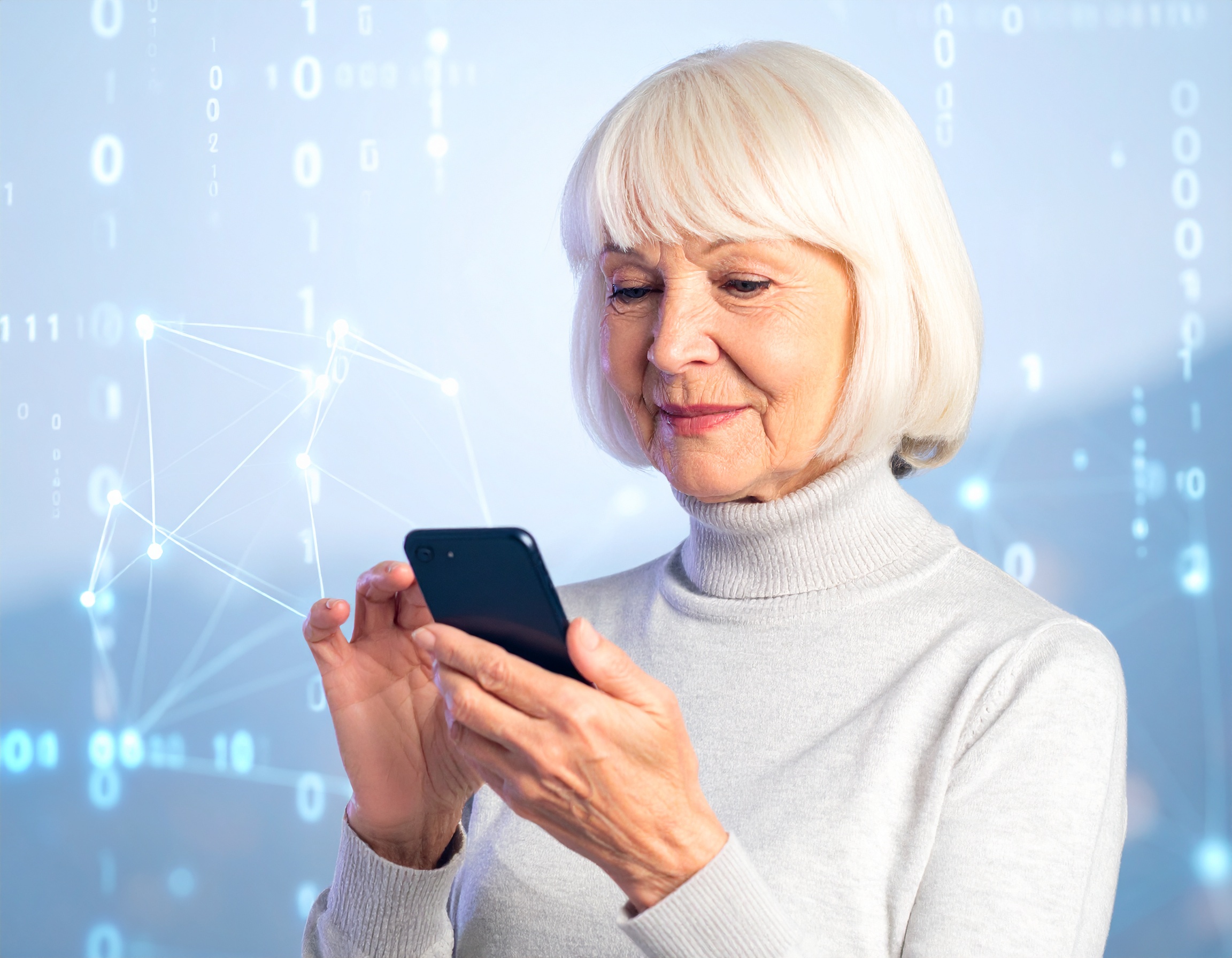 AI에 대해 어렵게 생각하는 60대 여성이 스마트폰을 들고 고민하는 모습