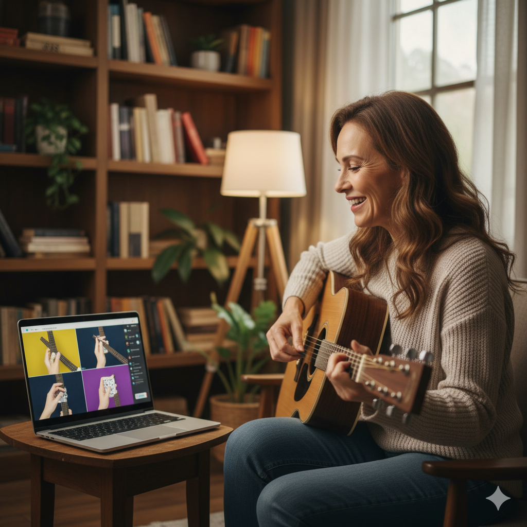 노트북으로 기타를 배우는 활기찬 중년 여성의 모습