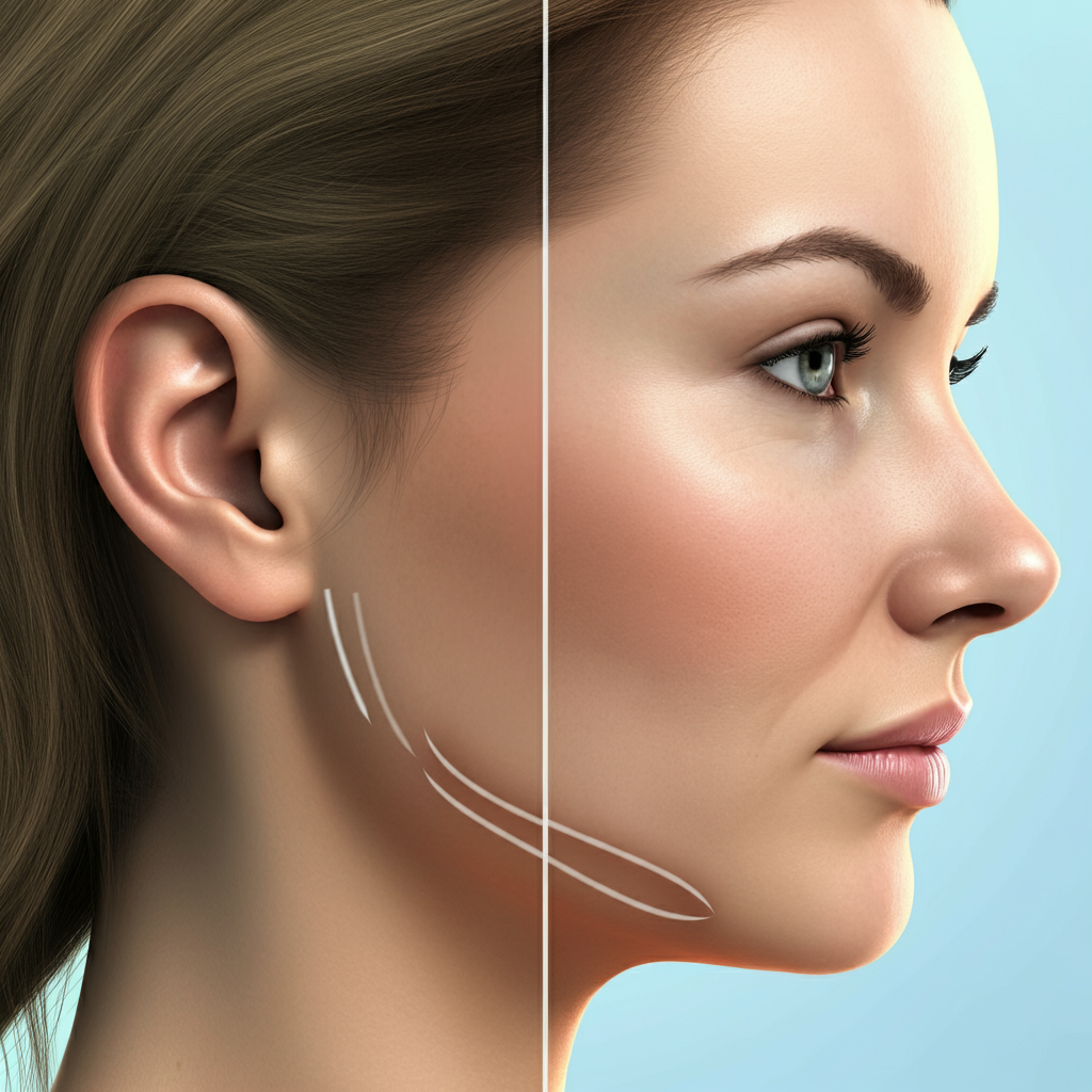 턱 리프팅 전후 비교 이미지, 좌측은 처진 턱선, 우측은 개선된 날렵한 턱선과 윤곽을 강조한 모습