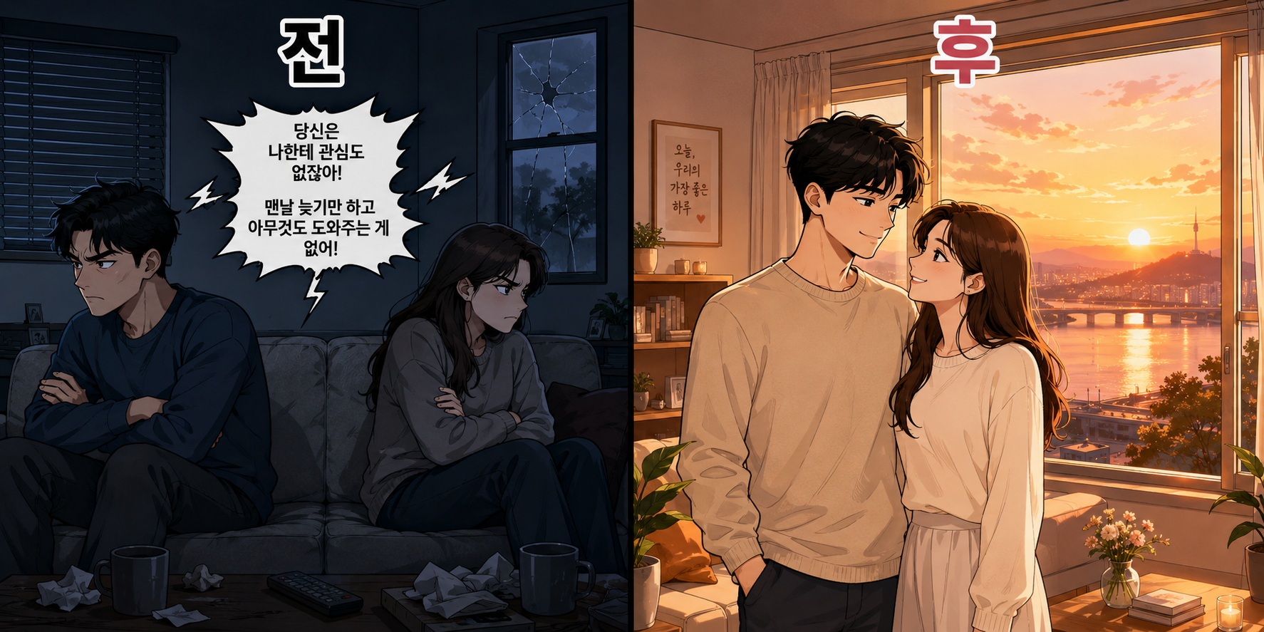 좁고 어두운 방에서 갈등을 겪는 부부의 모습(전)과 탁 트인 창밖 풍경과 따뜻한 채광 속에서 다정하게 미소 짓는 부부의 모습(후)을 비교한 일러스트"