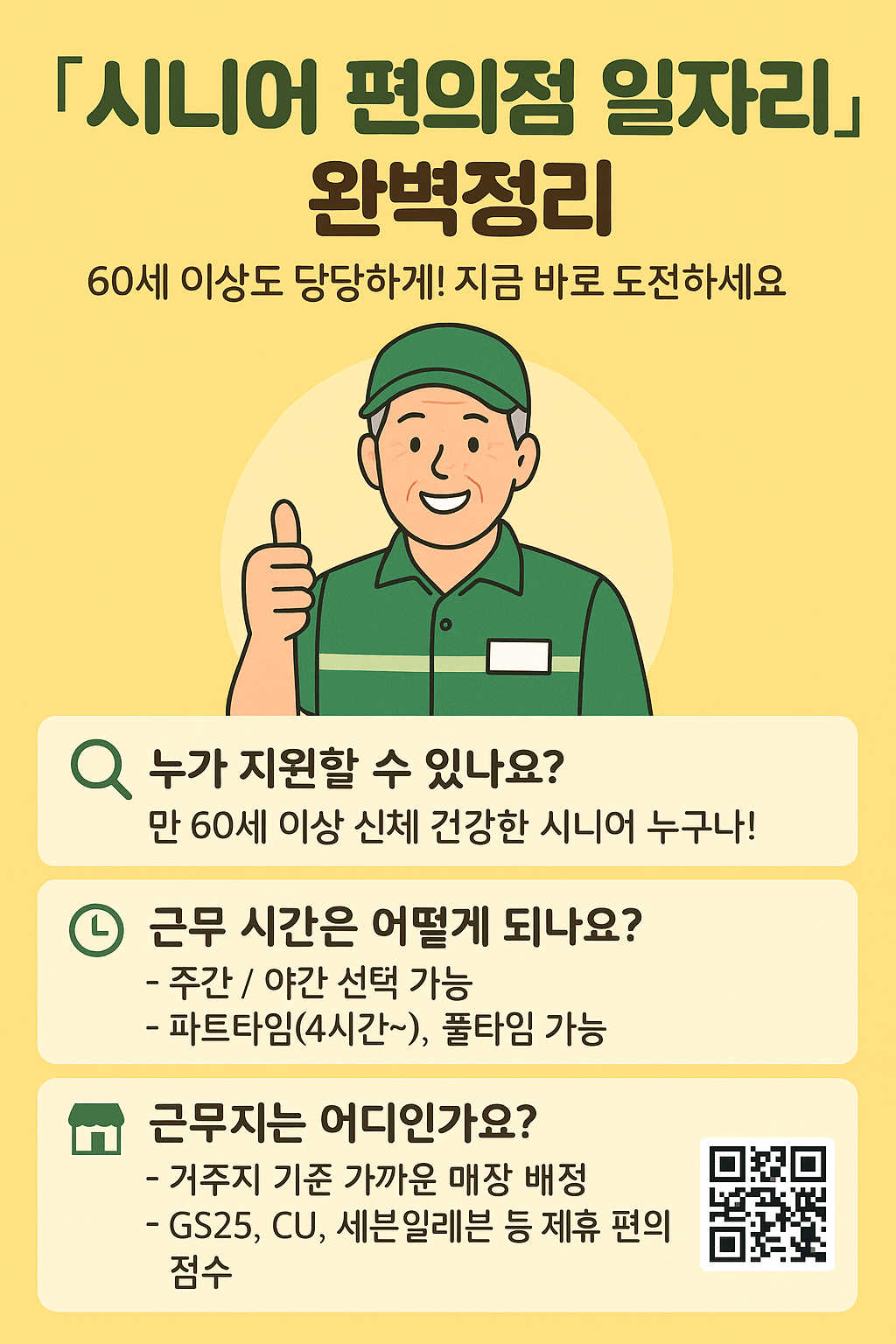 시니어 편의점 일자리 정보를 요약한 포스터입니다. 밝은 노란색 배경에 웃는 시니어 점원이 등장하며 지원 자격, 근무 시간 근무지 안내가 아이콘과 함께 정리되어 있습니다.