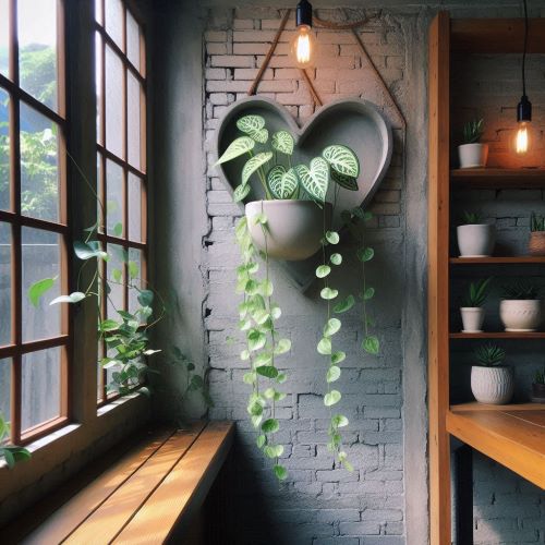 포토스 화분이 벽면에 매달려 있다.