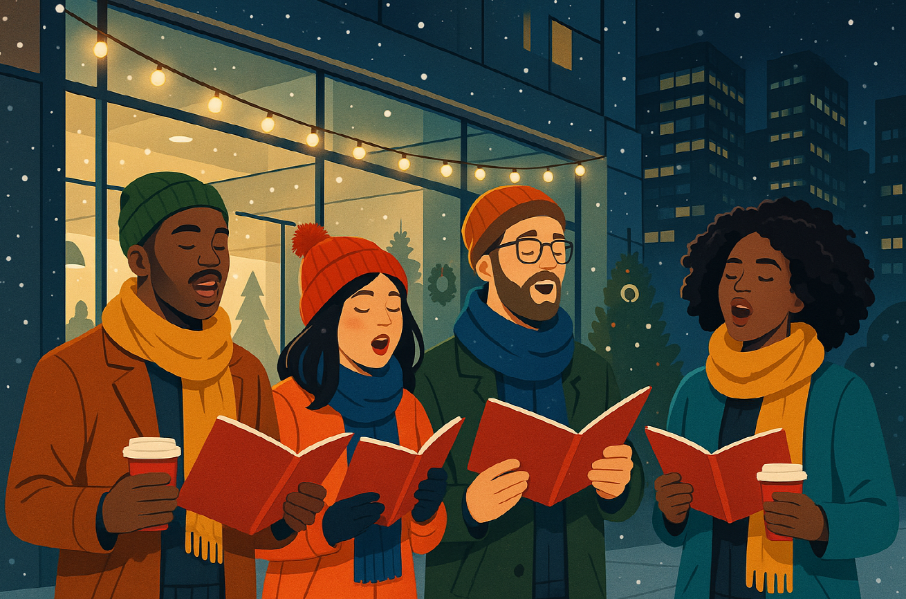 사람들이 크리스마스 캐롤 부르는 사진