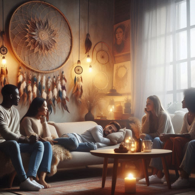 다양한 사람들과 편안하게 이야기하는 따뜻한 거실.