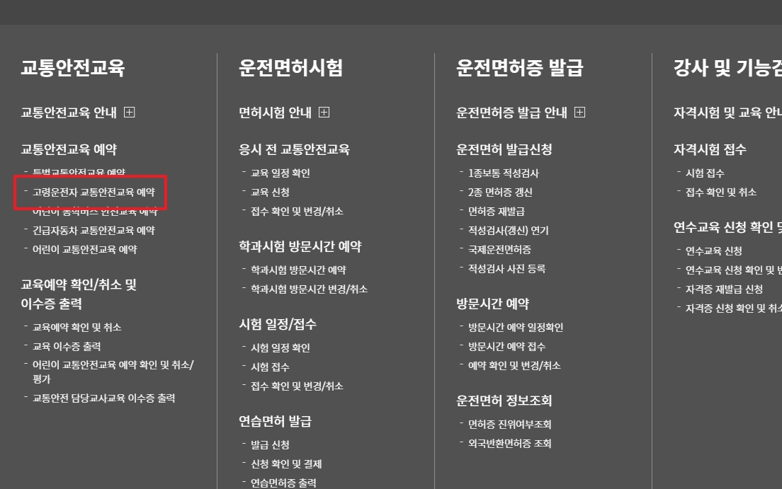 교통안전교육 메뉴 하위의 고령운전자 예약 버튼 선택