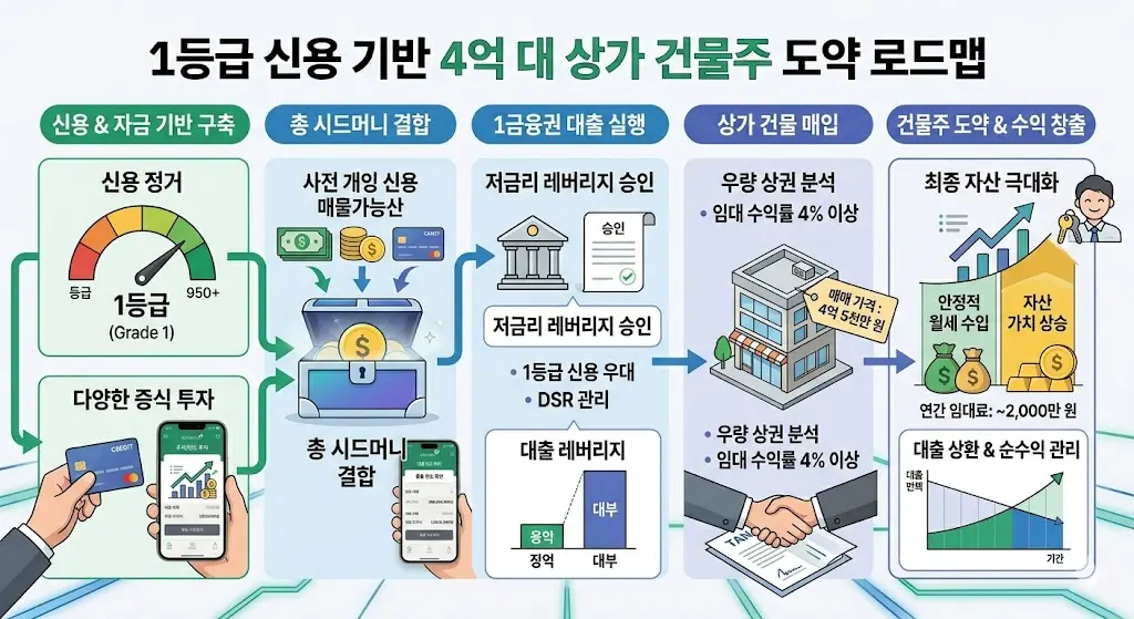 1등급 신용점수를 활용해 1금융권 대출 레버리지를 일으키고 4억 대 상가 건물을 매입하여 월세를 받는 건물주 도약 로드맵