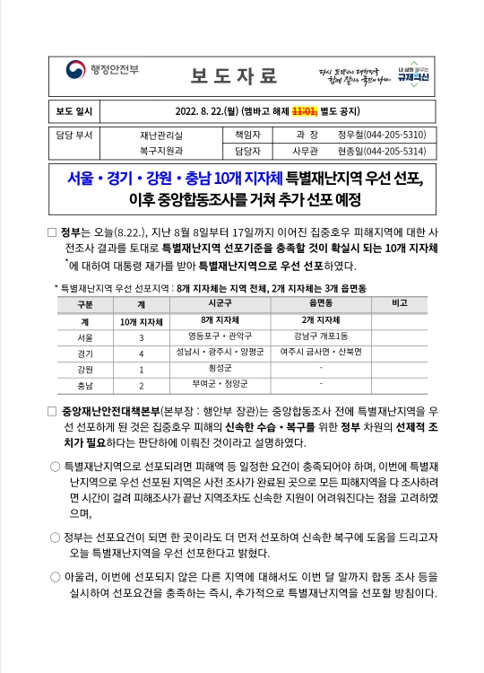 재난 지원금 선포된 10곳과 행정안전부 보도 자료