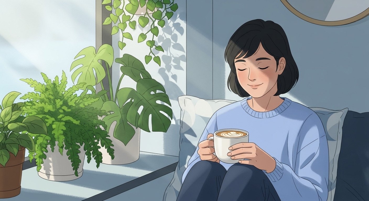 따뜻한 허브차를 마시며 편안하게 미소 짓는 사람의 모습. 아늑하고 햇살 가득한 카페에서 카페인 없이도 활력 넘치는 건강한 일상을 표현.