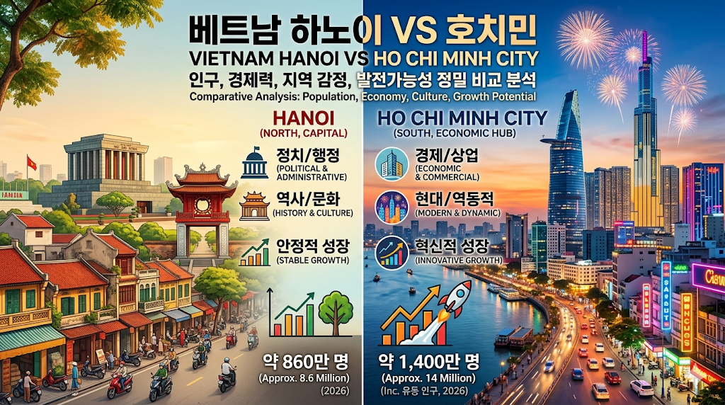 베트남 대표 도시,하노이 호치민 차이 인구와 경제력 비교