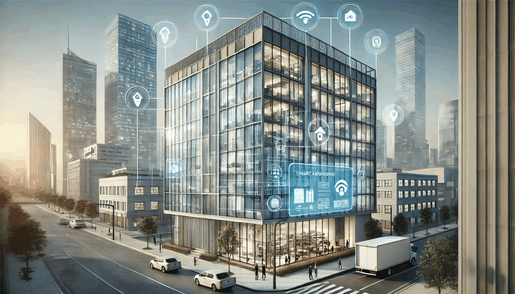 미래지향적인 스마트 빌딩이 IoT 연결과 자동화 시스템을 통해 효율적이고 첨단 기술로 운영되는 모습을 보여주는 이미지