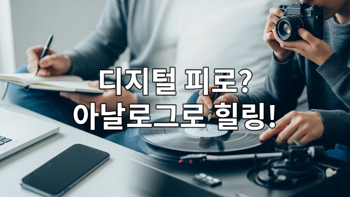 2025년, 디지털 기기 옆에서 차분하게 손글씨를 쓰고 있는 사람의 모습. 아날로그 취미를 통한 심리적 안정감을 보여줍니다.