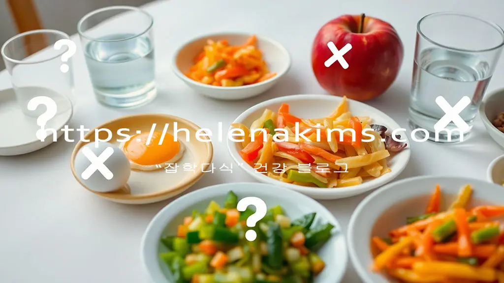 하얀 식탁 위에 유리컵에 담긴 물 잔과, 사과, 달걀 감자볶음 등 여러가지 반찬들이 있는 이미지.