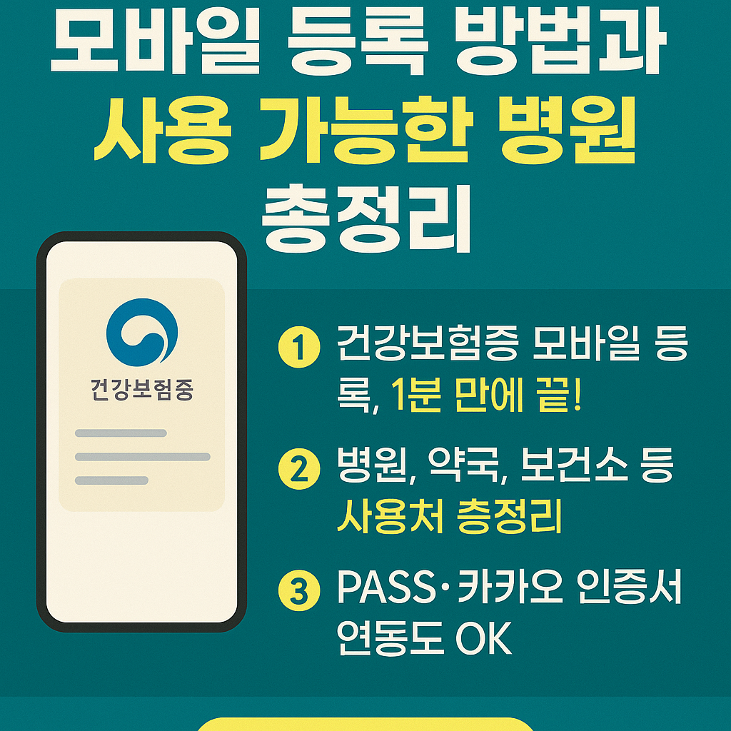 <p style="display:none;">
1. 건강보험증 모바일 등록, 1분 만에 끝!
2. 병원, 약국, 보건소 등 사용처 총정리
3. PASS·카카오 인증서 연동도 OK
</p>