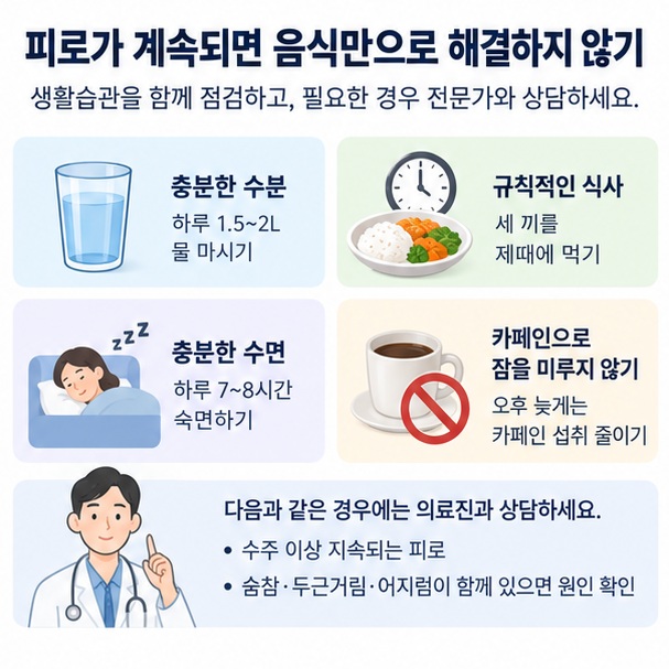 규칙적인 식사, 충분한 수분, 수면과 지속되는 피로의 진료 필요성을 체크리스트로 표현한 이미지