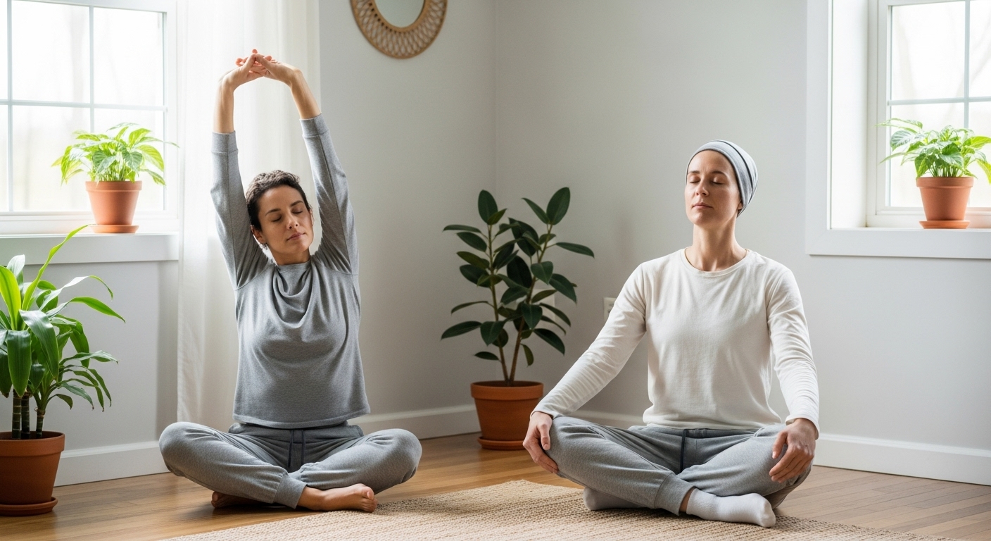 밝고 고요한 집에서 짧게 스트레칭하거나 명상하는 사람, 5분 휴식으로 몸과 마음을 돌보는 모습.