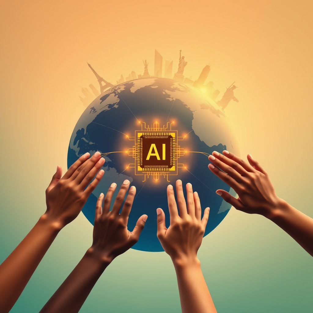 여러 국가의 랜드마크들이 희미하게 보이는 지구본 주위로 손들이 모여 AI 반도체 칩을 중심으로 서로 연결되어 있는 모습을 그립니다. 이는 글로벌 기업 및 연구 기관 간의 협력과 상생을 상징하며, 공동의 목표를 향해 나아가는 시너지를 표현합니다. 따뜻하고 포괄적인 색상으로 협력의 긍정적인 메시지를 전달