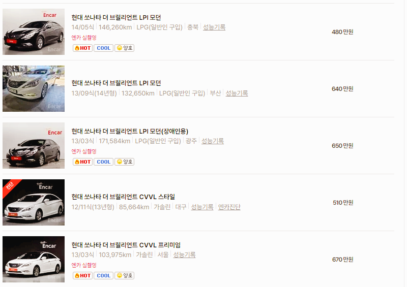 현대 쏘나타 중고차 가격 시세표 24년10월