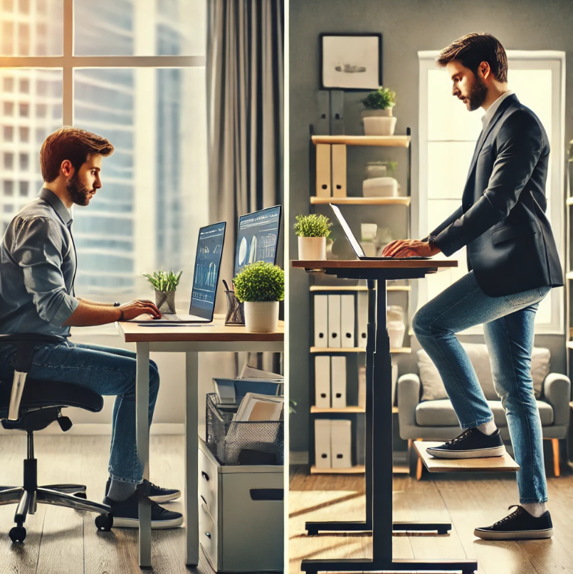 앉아서 일하는 남자와 스탠딩 책상 앞에 서서 일하는 남자