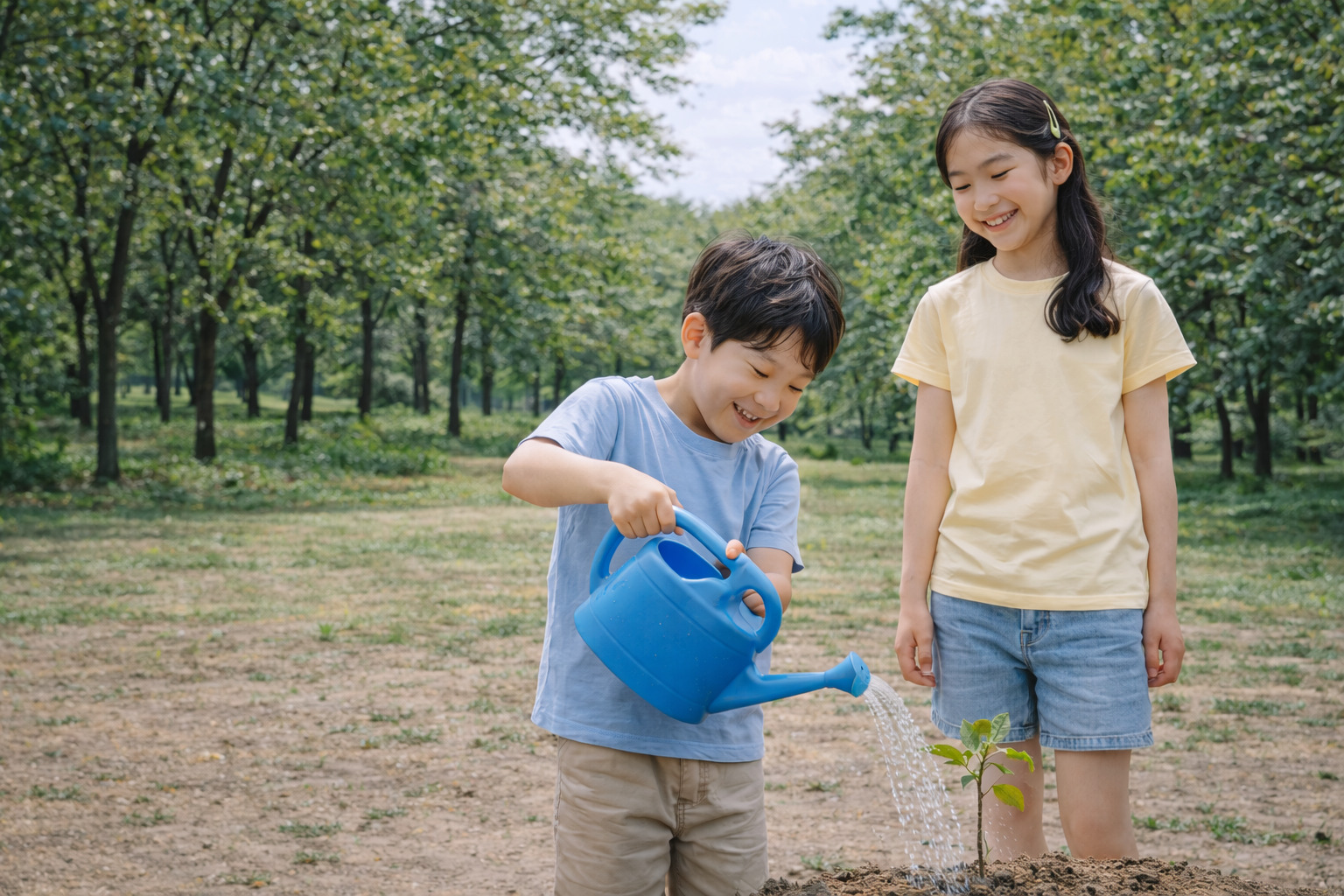 숲속에서 7살 소년이 묘목에 물을 주고 10살 소녀가 환한 미소로 지켜보고 있는 따뜻한 장면