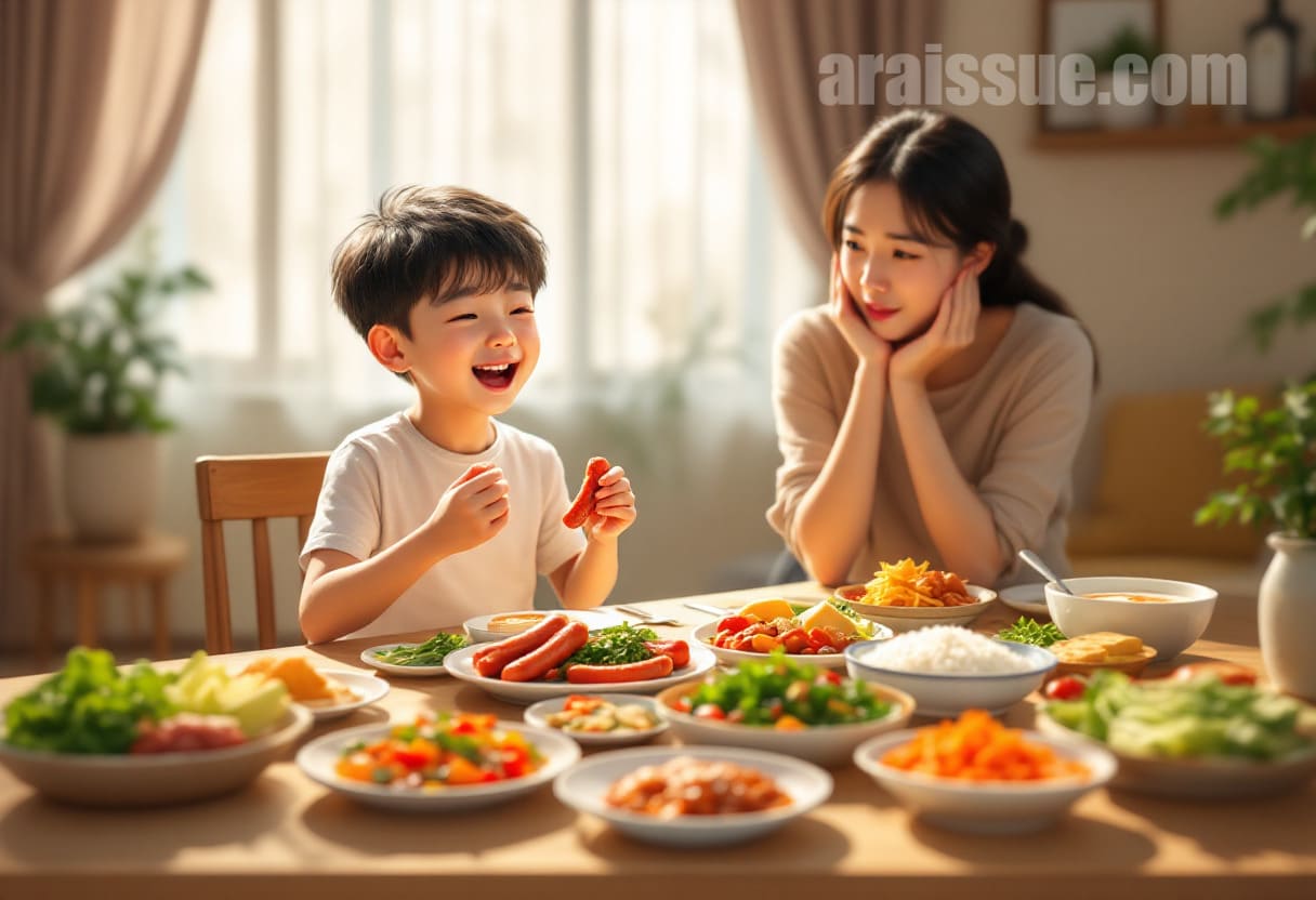 5~6세로 보이는 마른 체형의 한국 남자아이가 거실 식탁에서 소시지와 고기 반찬만 집중적으로 먹고 있고, 옆에는 채소반찬과 김치, 국, 밥이 그대로 놓여 있다. 아이 옆에 앉은 엄마는 걱정스러운 표정으로 아이를 지켜보고 있다.