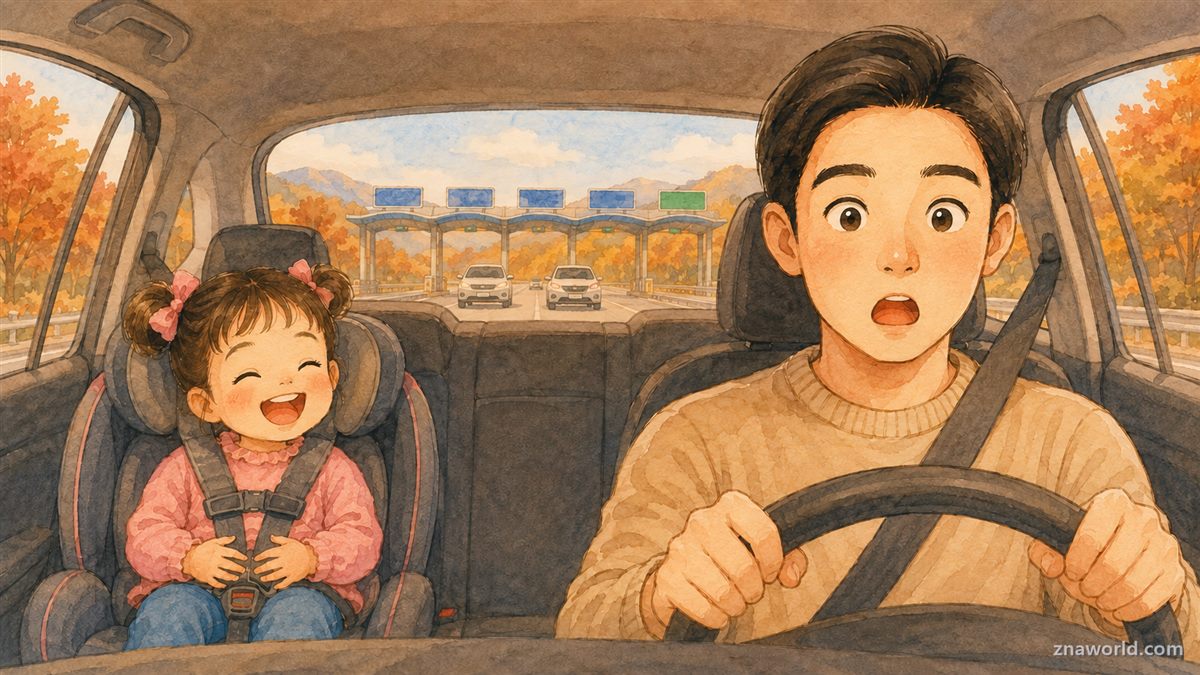 하이패스 경고음에 당황한 아빠와 뒷좌석에서 웃는 아이 일러스트