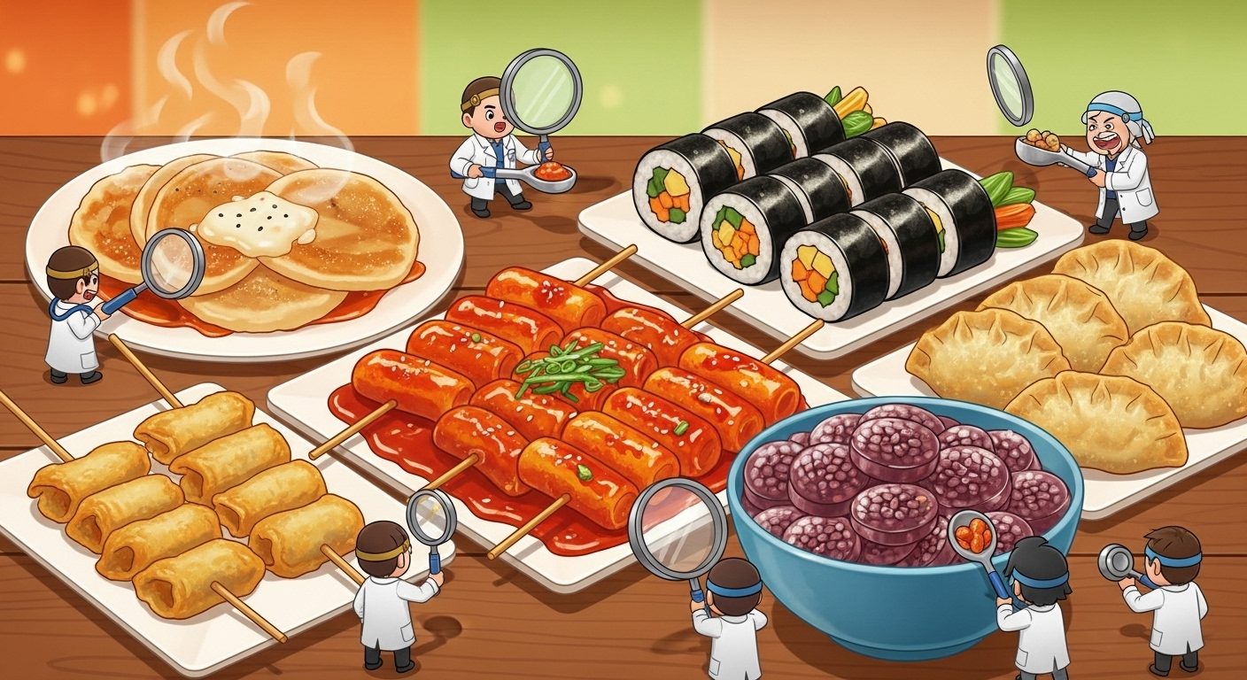 떡볶이, 김밥 등 다양한 한국 길거리 음식을 진지하게 맛보는 '쩝쩝박사' 캐릭터들이 유머러스하게 표현된 일러스트