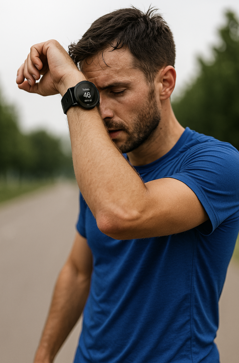 달리기 후 VO₂max 측정 중인 남성의 모습