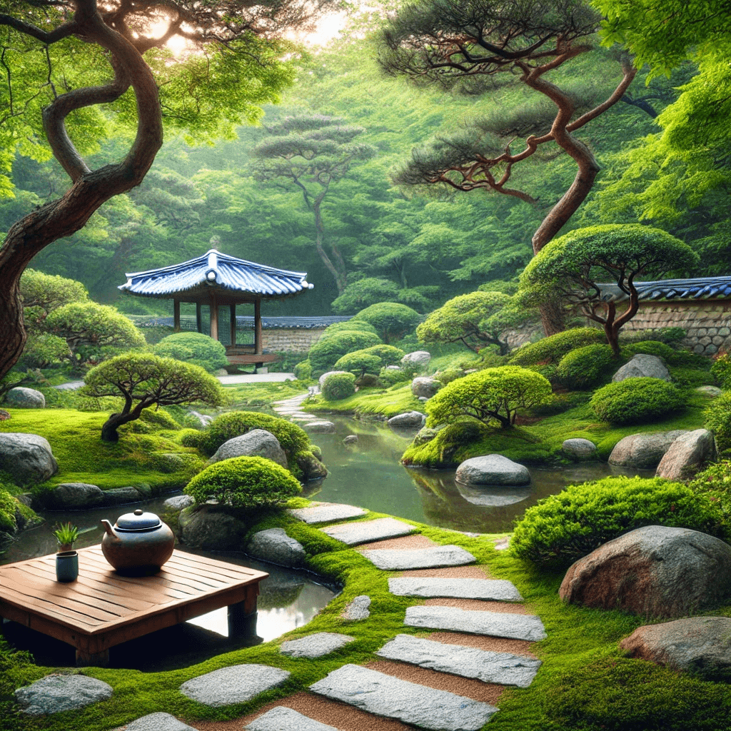 A peaceful Korean garden with tea elements, symbolizing reflection and mindfulness in tea culture.