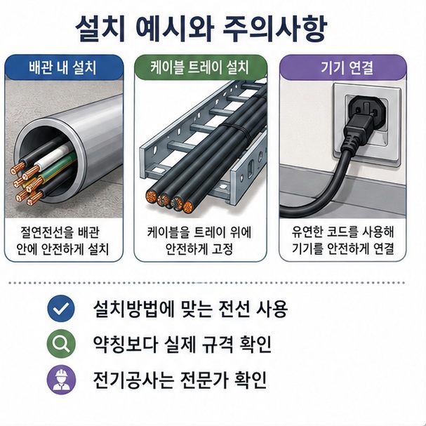 전선관 내부의 절연전선과 케이블트레이의 케이블, 전기기기에 연결된 코드를 비교해 설치방법과 용도에 맞는 전선을 사용해야 함을 보여 주는 그림