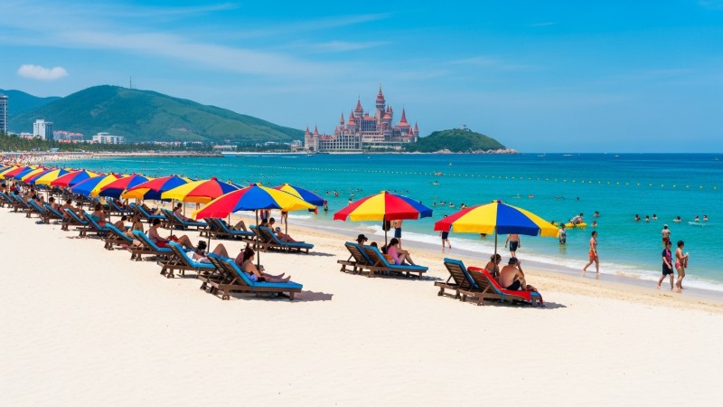 맑은 하늘 아래 펼쳐진 베트남 나트랑 해변과 멀리 보이는 빈원더스 풍경