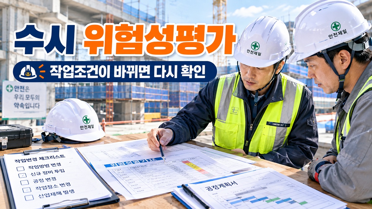 건설현장 안전관리자가 작업변경에 따른 수시 위험성평가표를 확인하는 모습