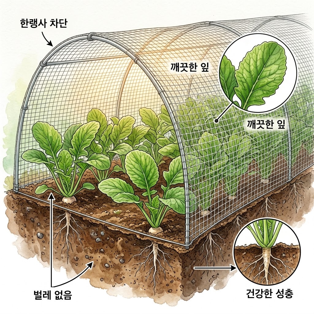 한랭사를 씌워 해충 차단을 완료하고 잎에 구멍 하나 없이 파릇파릇하게 자라나는 무 밭