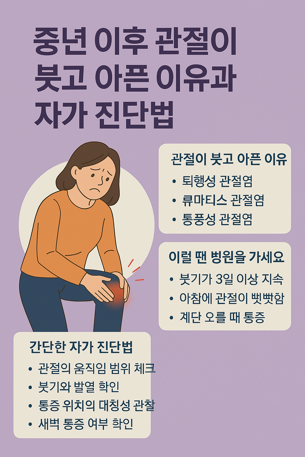 보라색 배경 위에 중년 이후 관절 통증과 붓기의 원인 및 자가 진단법을 설명