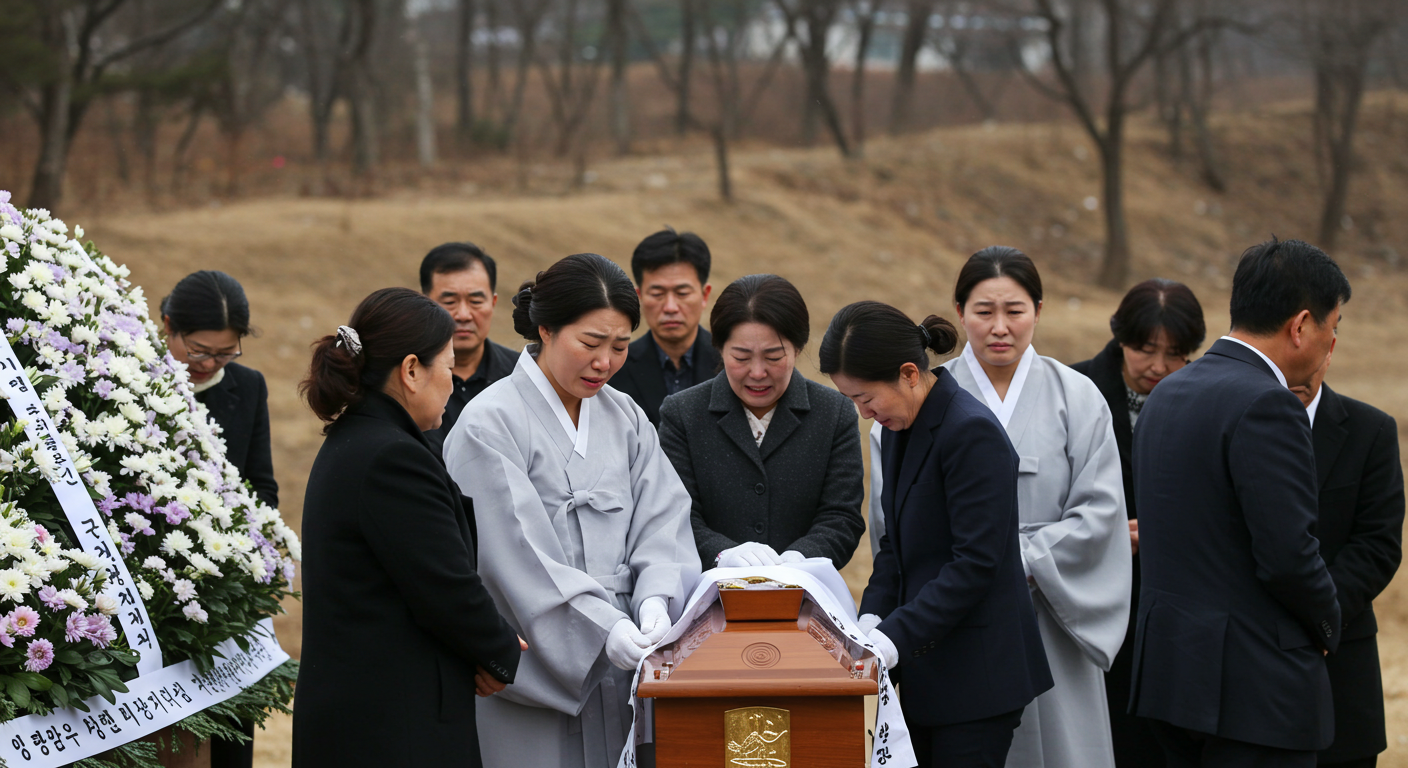 해외에서 장례를 치르며 슬픔에 잠긴 유가족.
